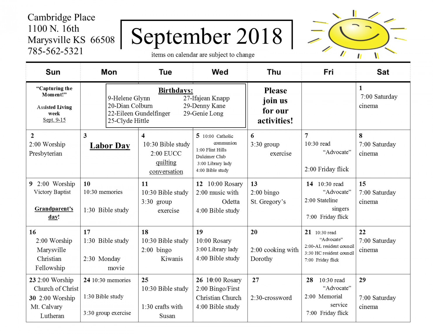 Activity Calendar - Cambridge Place Senior Care