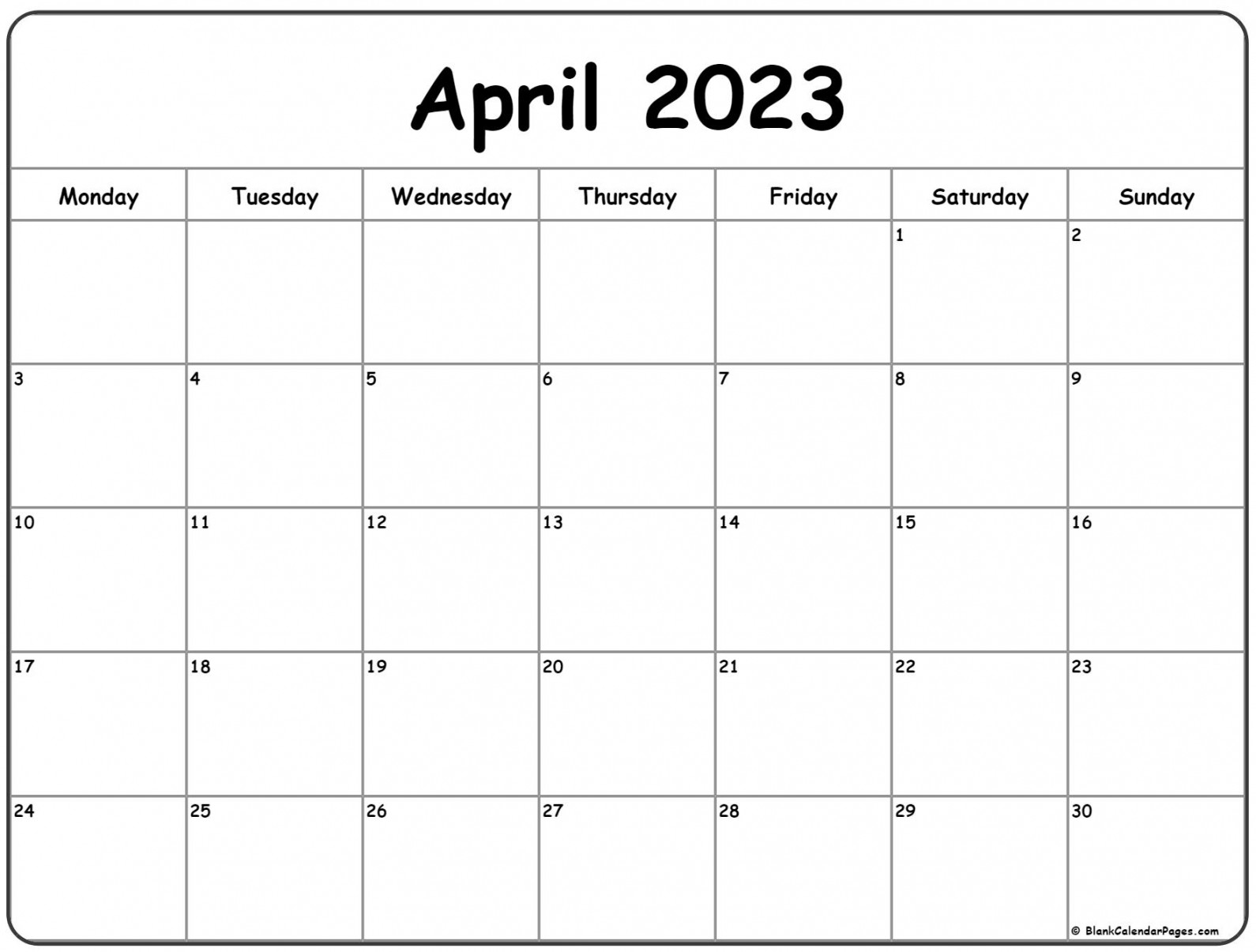 April  Monday Calendar  Monday to Sunday