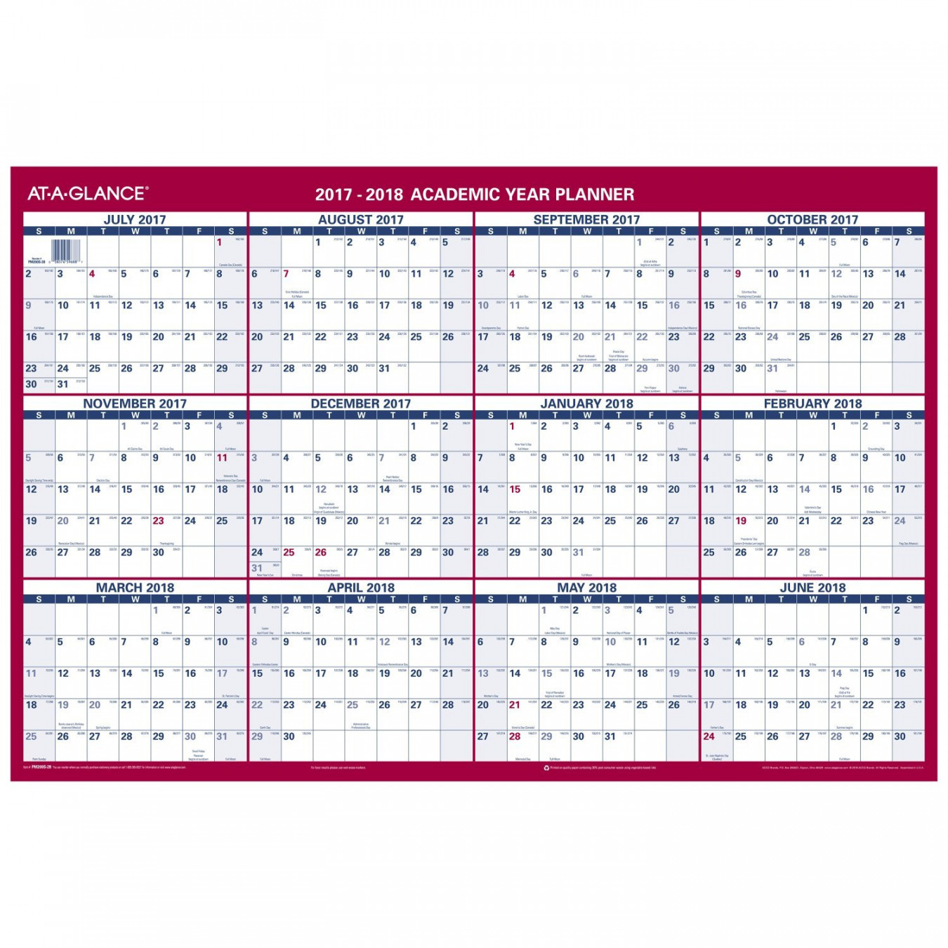 AT-A-GLANCE Wall Calendar, Academic/Regular Year, " x ", Reversible,  Horizontal, Erasable (PMS)
