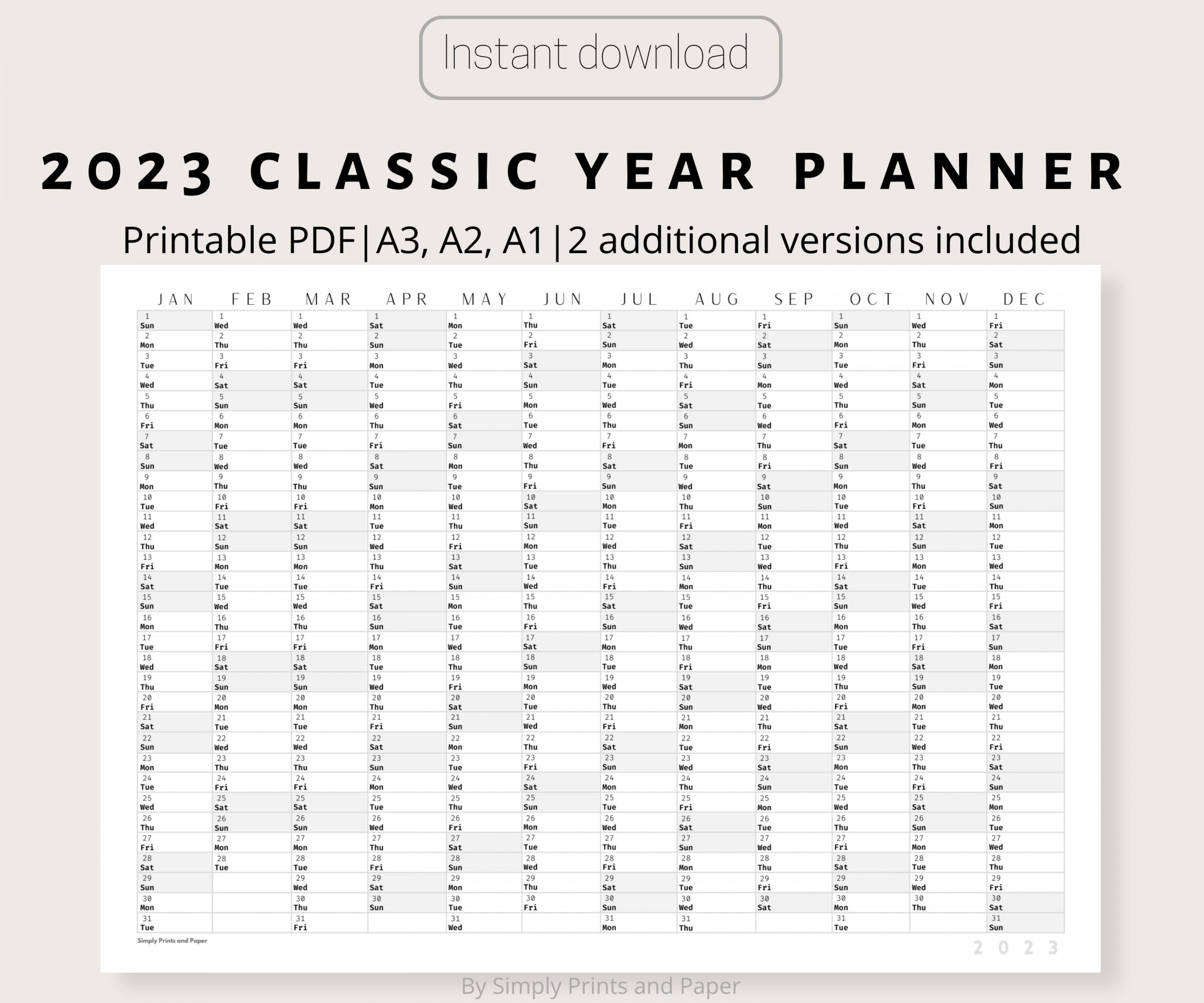 Classic Wall Calendar Printable Yearly Planner Black & White