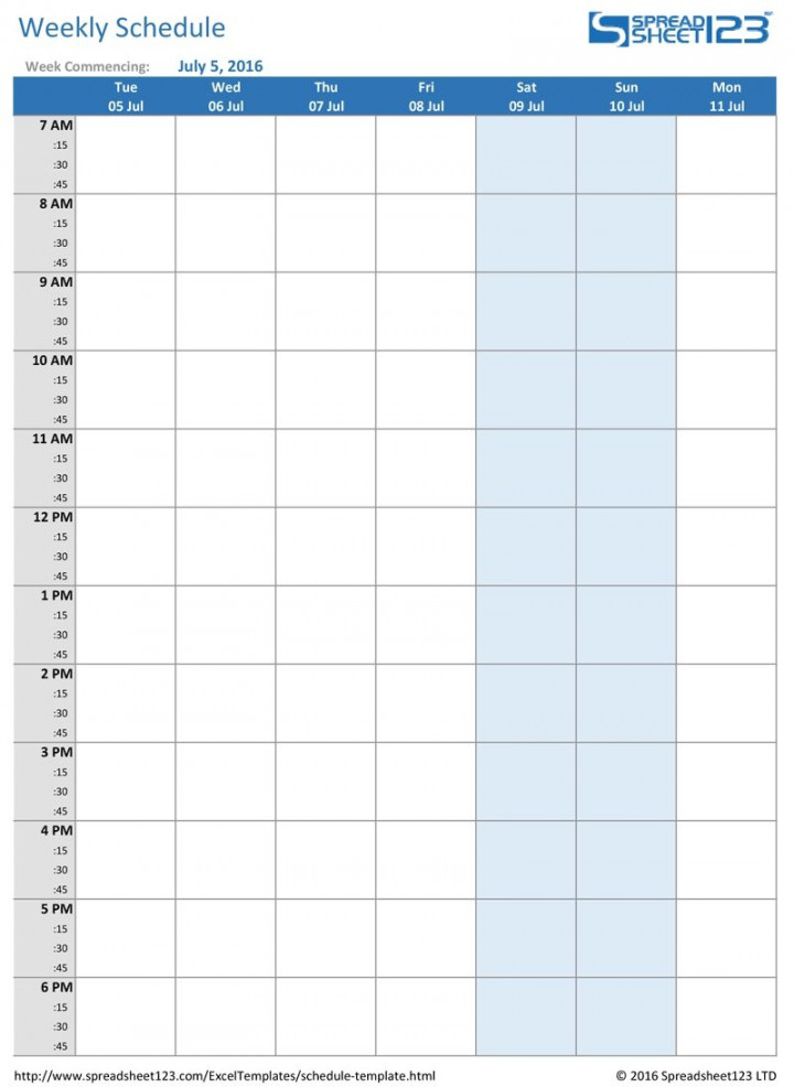 Day Week Blank Calendar With Time Slots Printable  Excel
