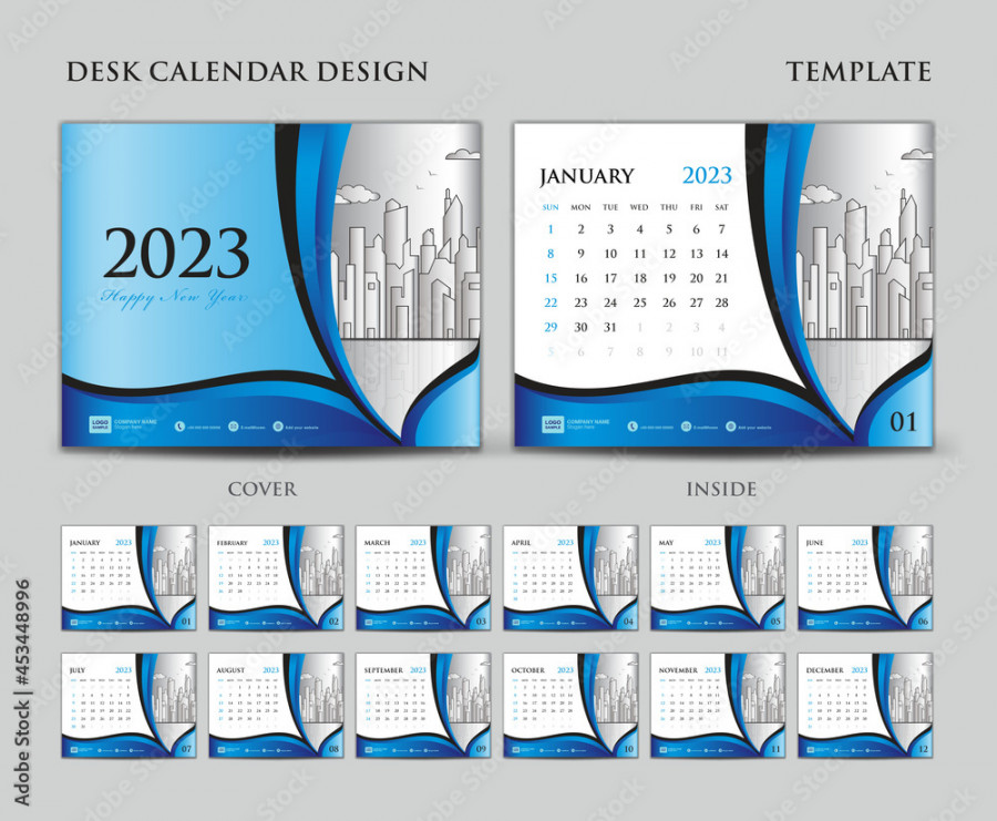 Desk calendar  template set, Cover design, Blue background