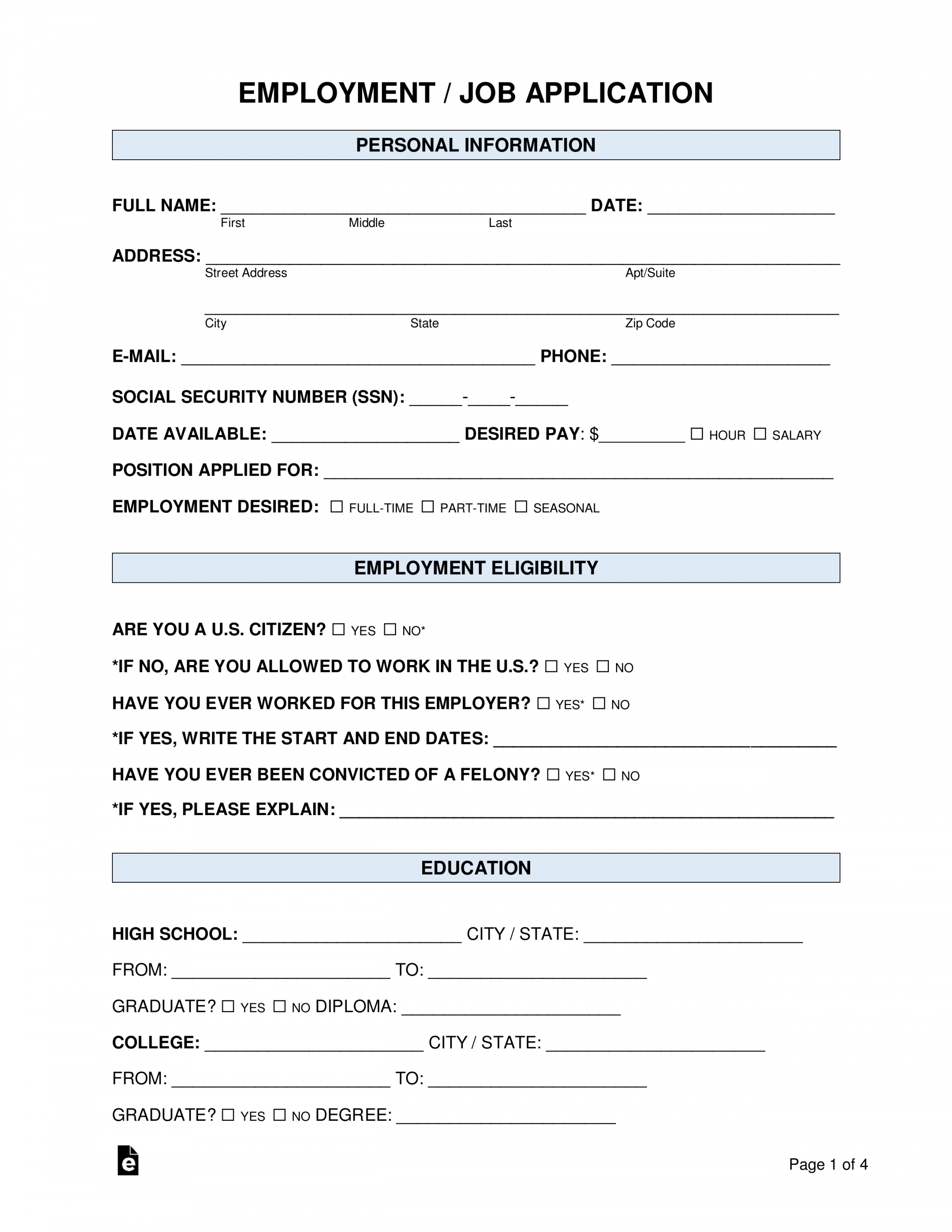 Free Job Application Form (standard template) - PDF  Word – eForms