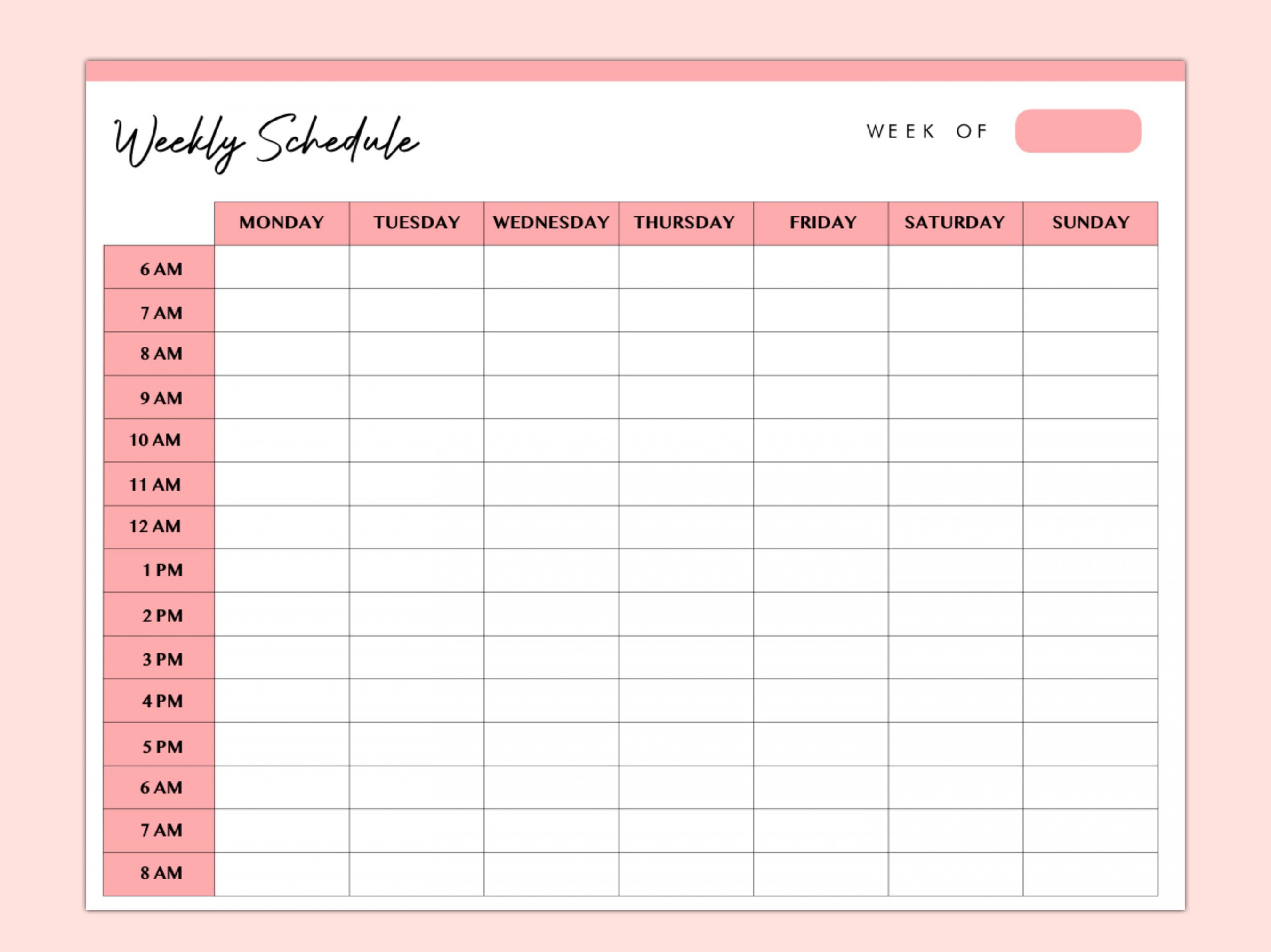 Hourly Weekly Schedule Landscape  Weekly Planner Printable  Weekly  Organizer  Weekly Agenda  Desk Planner  PDF Instant Download