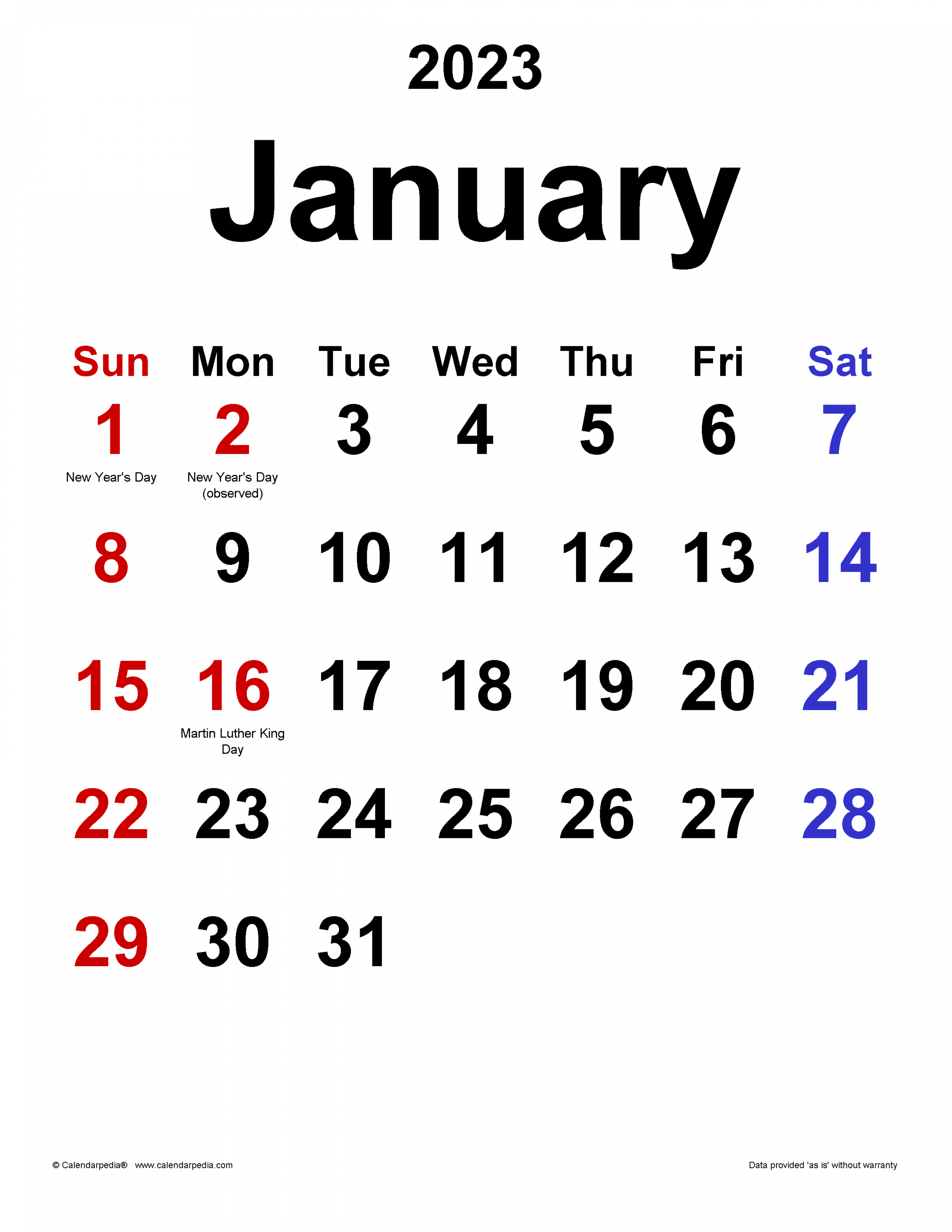 January  Calendar  Templates for Word, Excel and PDF