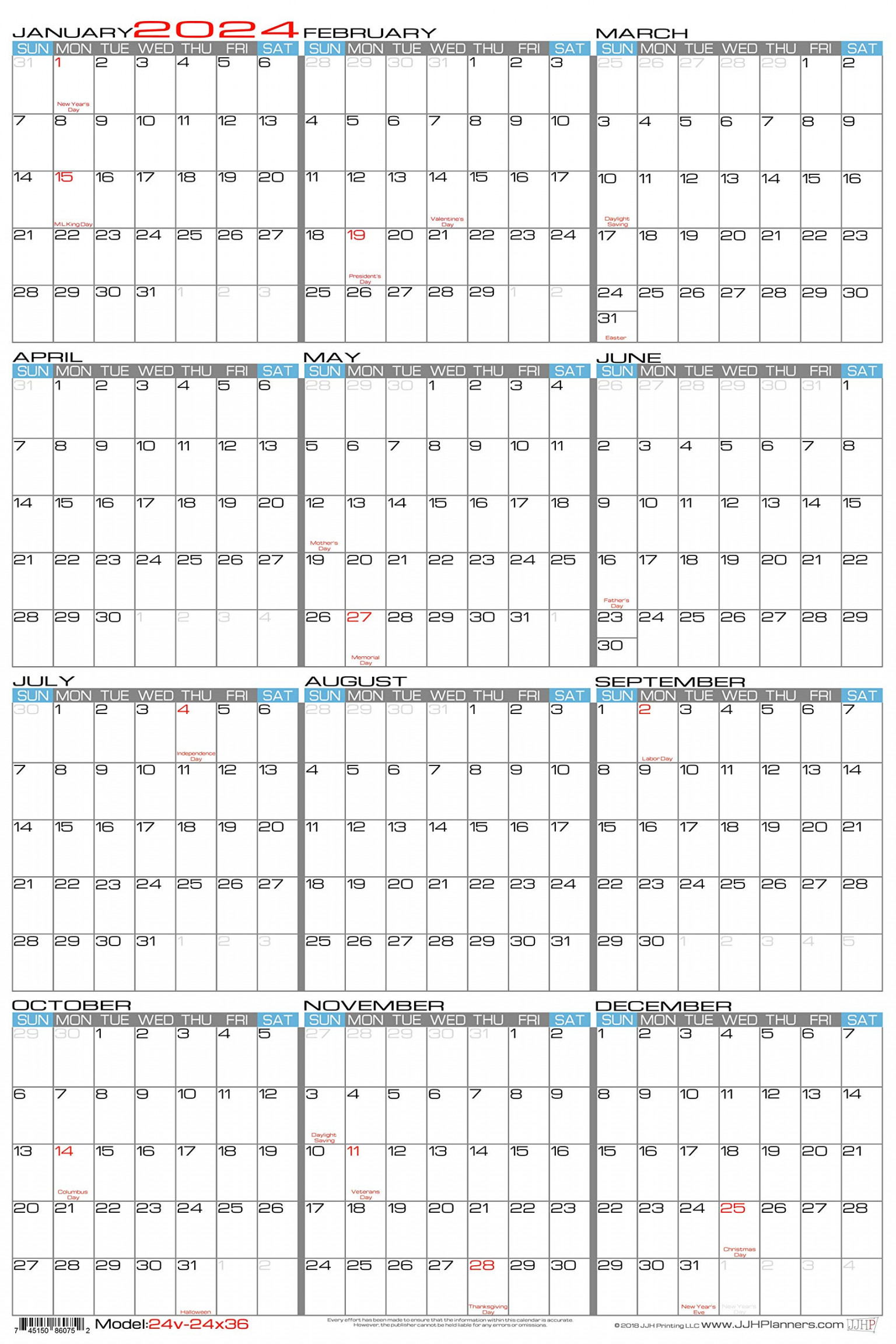 JJH Planners - Laminated - " X " Large 20 Erasable Wall Calendar -  Vertical  Month Yearly Annual Planner (v-x)