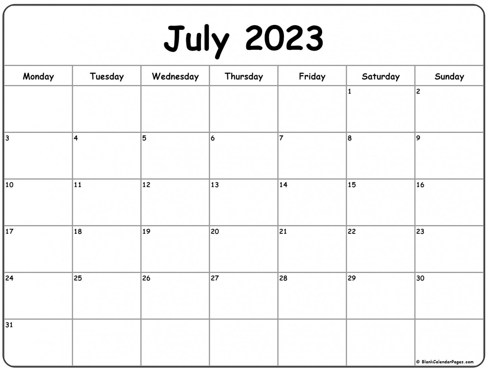 July  Monday Calendar  Monday to Sunday