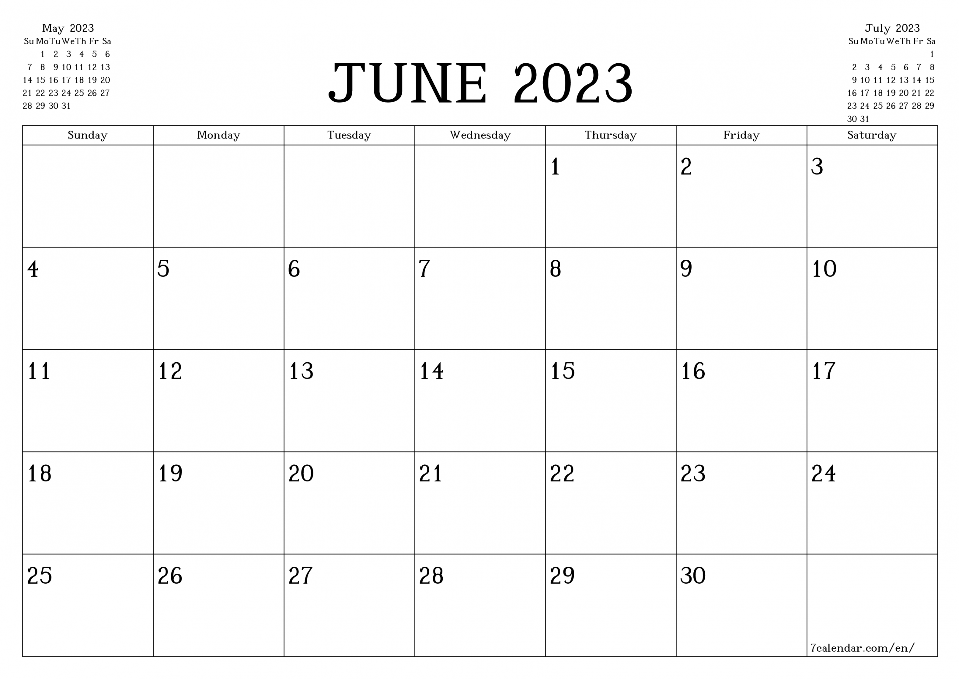 June  free printable calendar and planner, PDF and PNG