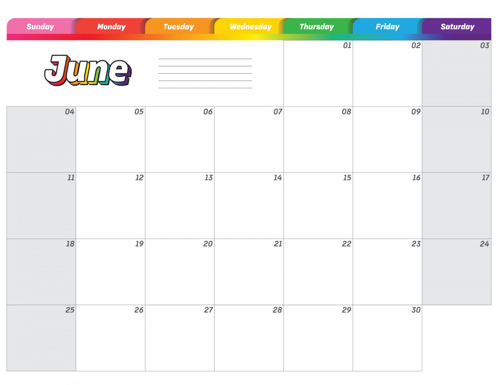 june  simple rainbow colorful monthly planner calendar