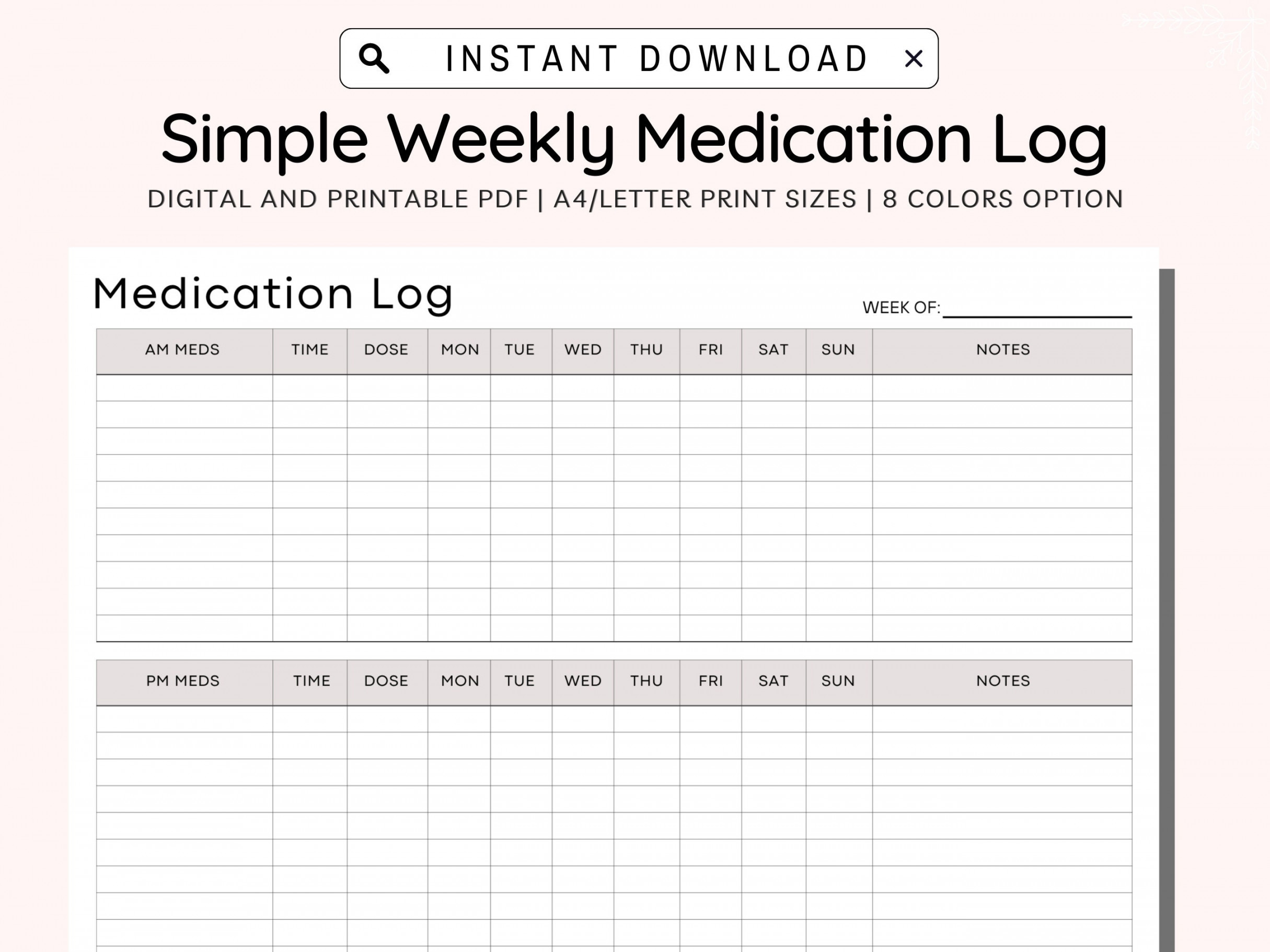 Medication Tracker Printable Weekly Medication Log Medicine - Etsy