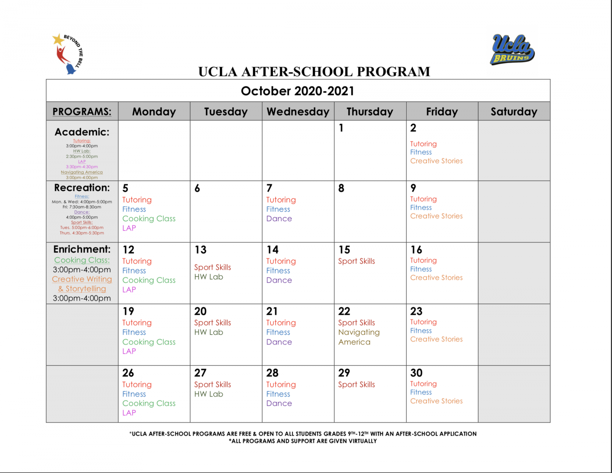 Monthly Calendar – UCLA After School Program – Alliance Tennenbaum
