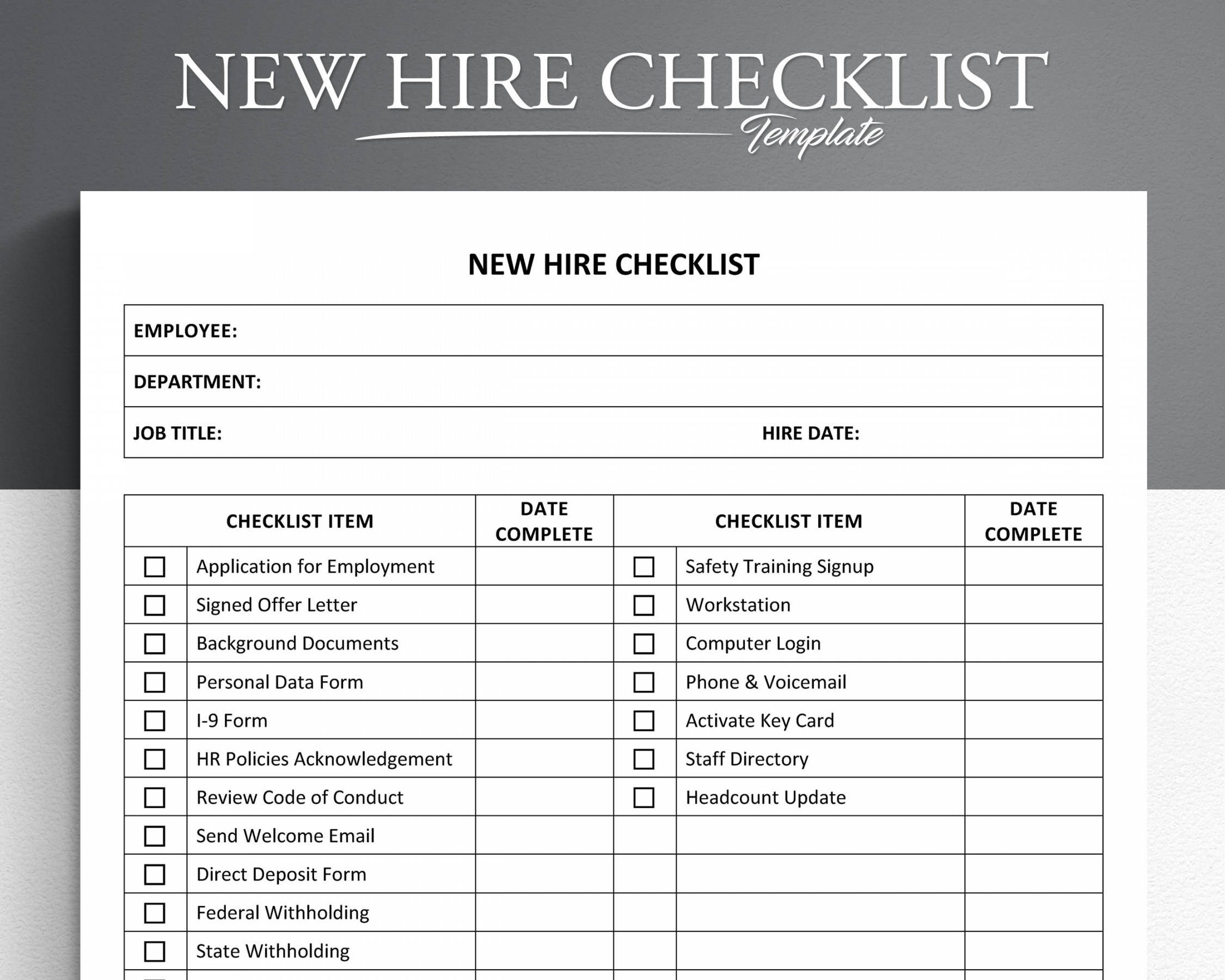 New Hire Checklist. Employee Onboarding Checklist