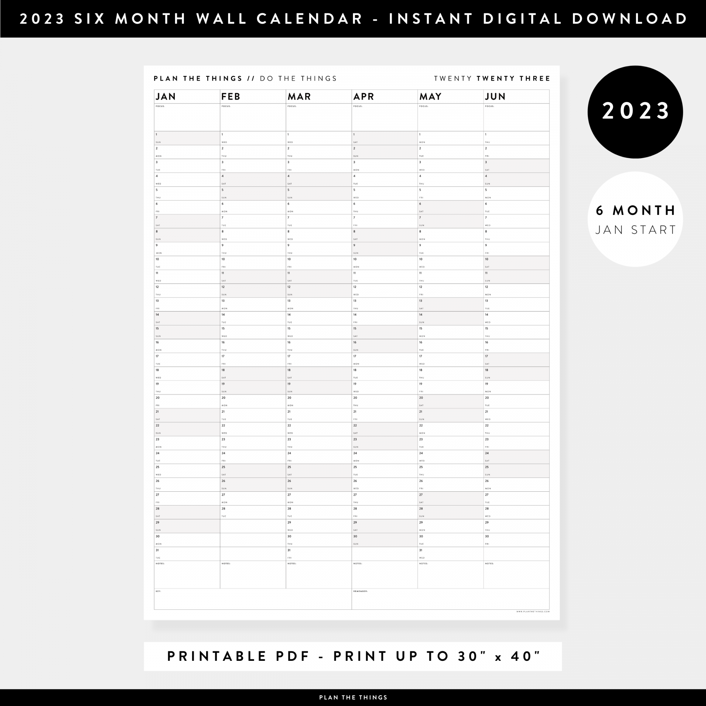 PRINTABLE SIX MONTH  WALL CALENDAR (JANUARY TO JUNE) WITH GRAY