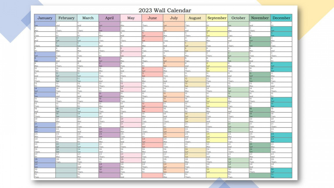 Printable Wall Calendar in Pastel (Landscape) - Starting with Sunday -  A Planner