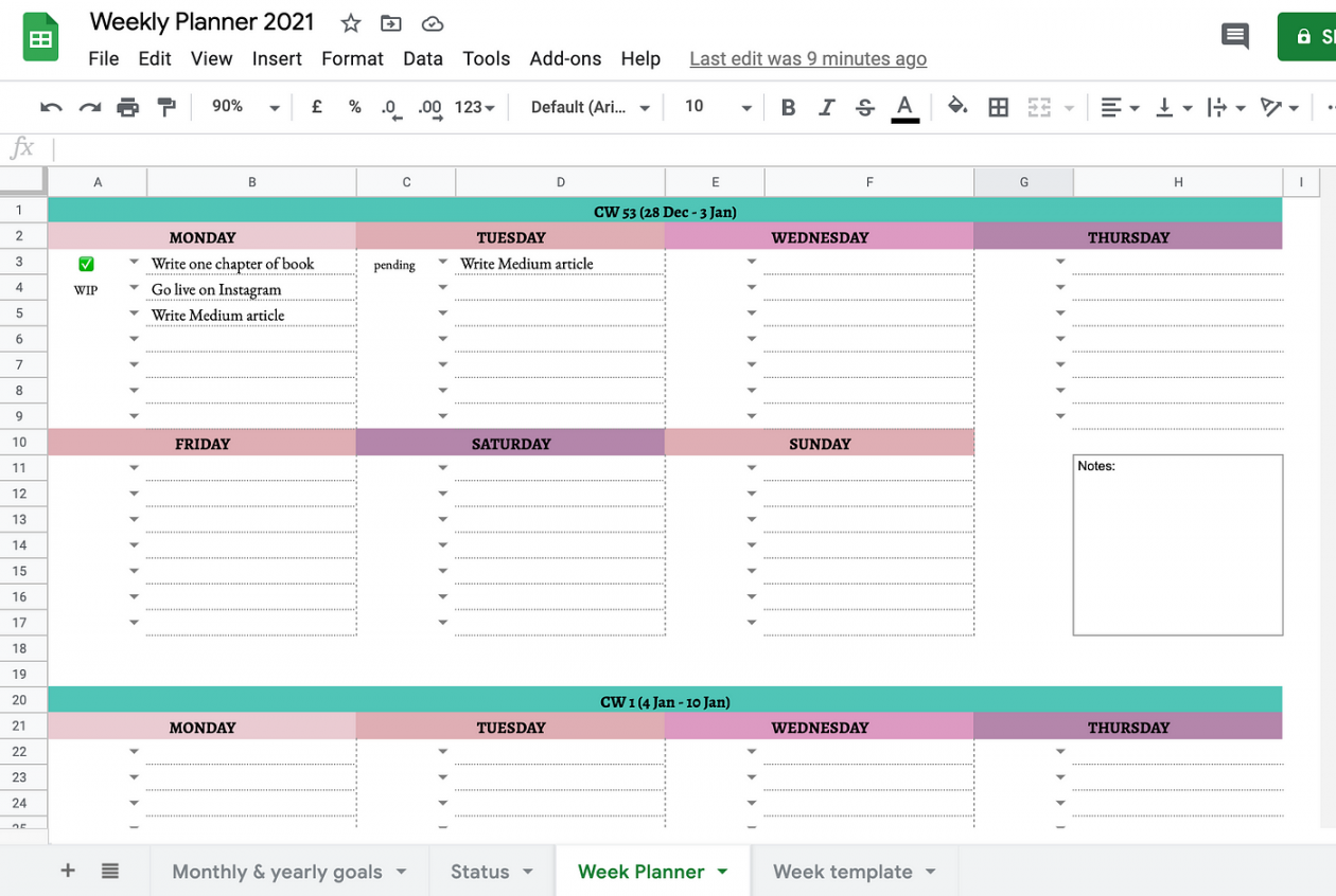 Simple Weekly Google Sheets Planner  (Free Template)  by