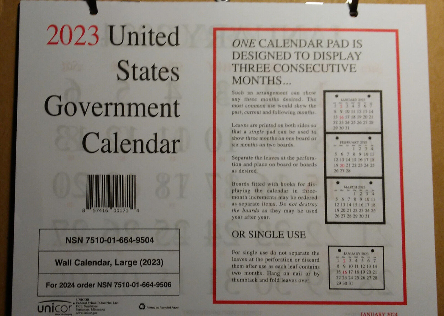 Unicor++United+States+Government+Wall+Calendar for sale online