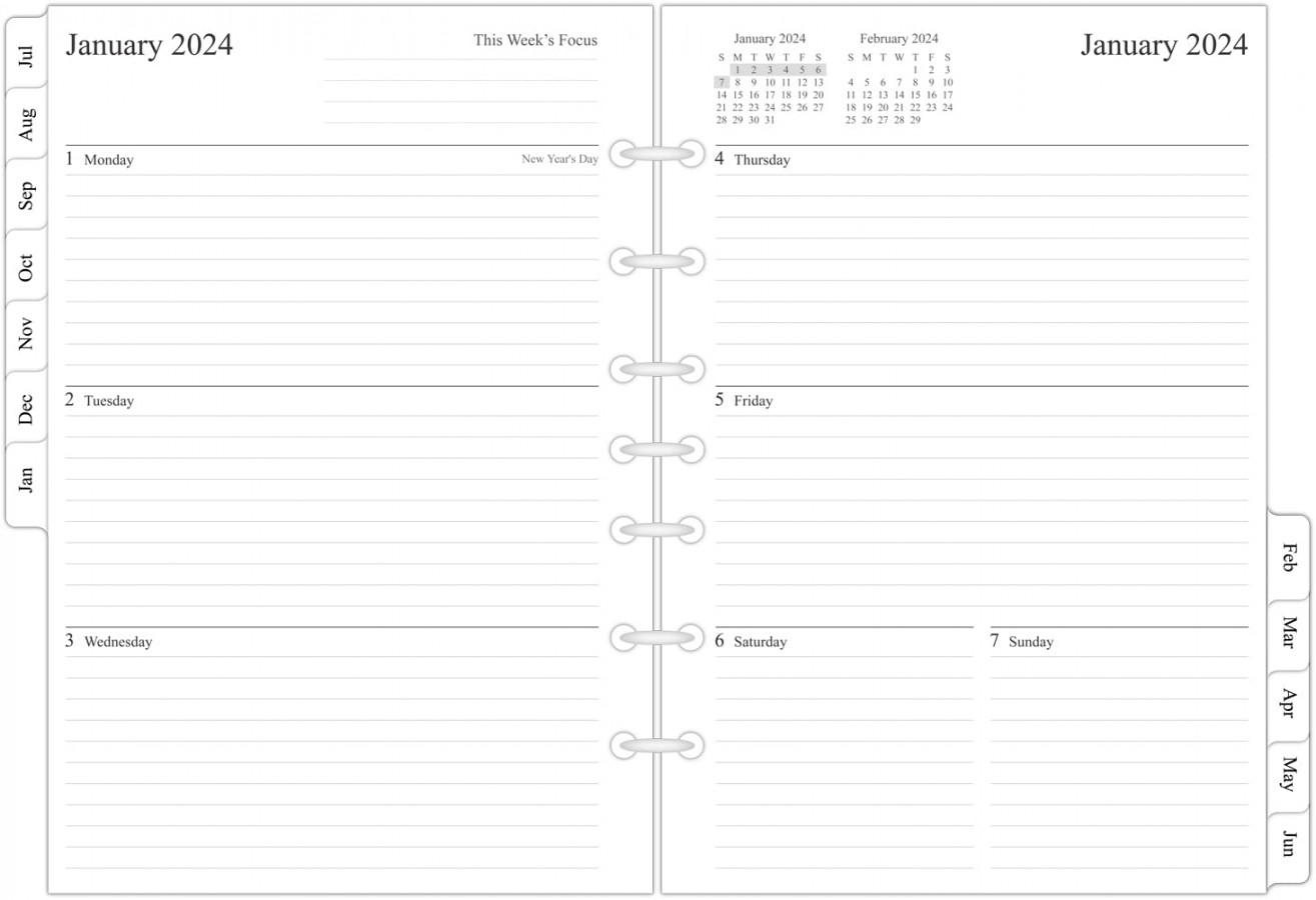 - Weekly & Monthly Planner Refill, -/" x -/", Runs from July   to June , Desk Size , -Hole Punched