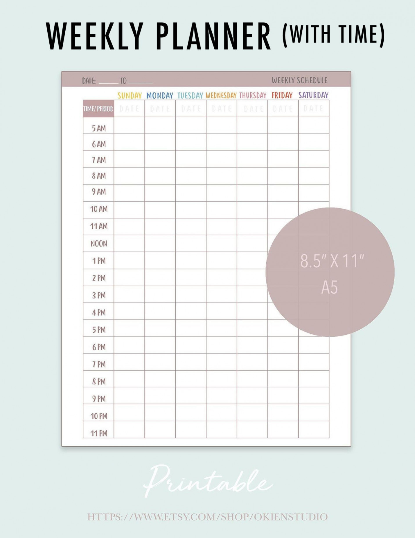 Weekly Calendar Printable Time Slot AM Through PM Weekly - Etsy