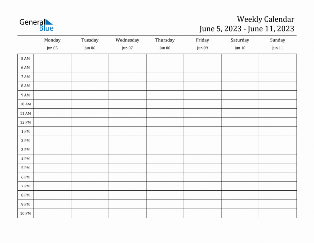 Weekly Calendar with Time Slots - Week of June ,