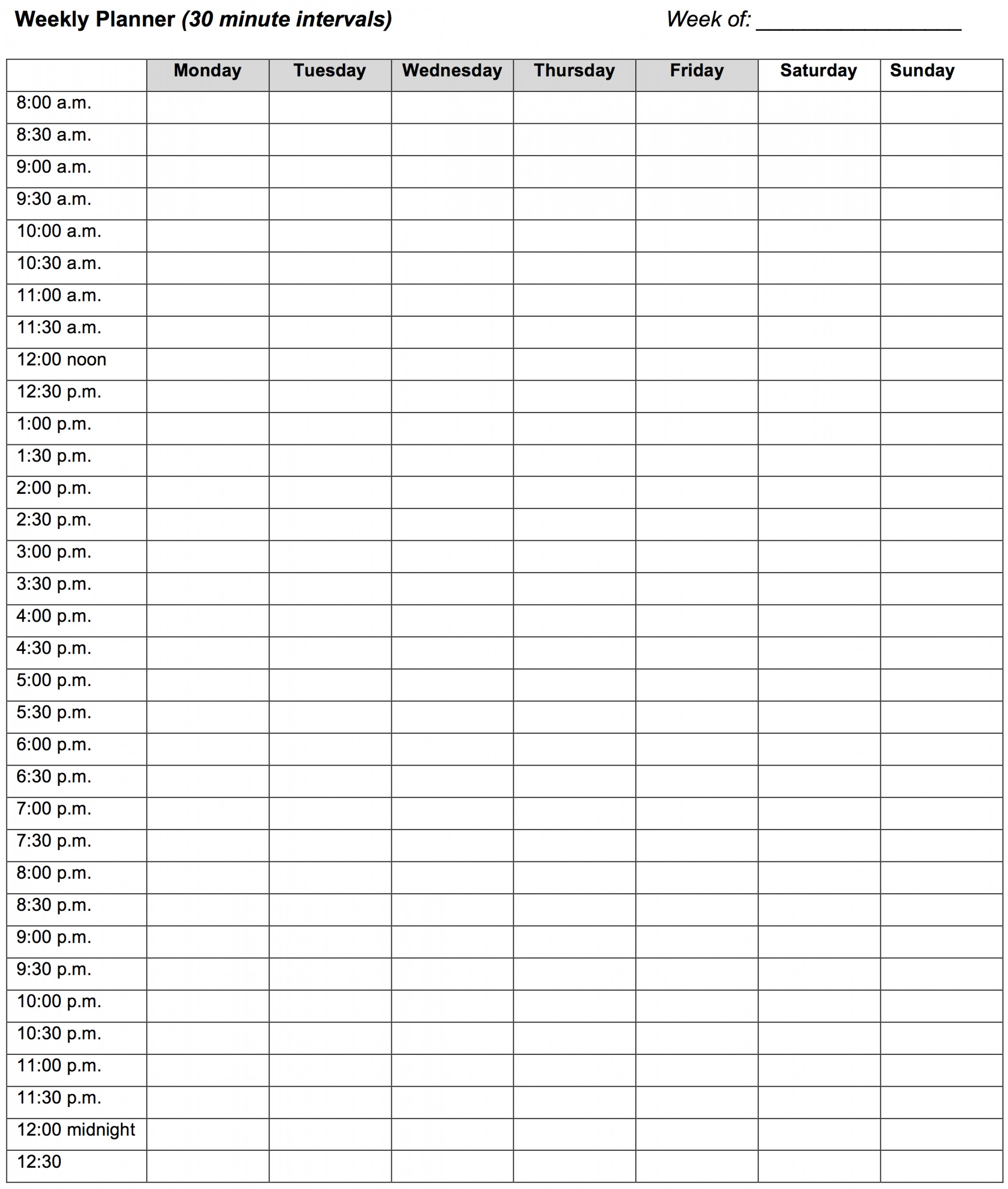 Weekly Planner:  minute intervals – Learning Center