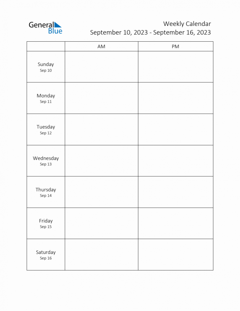 Weekly Schedule Template with AM and PM - Week of September ,