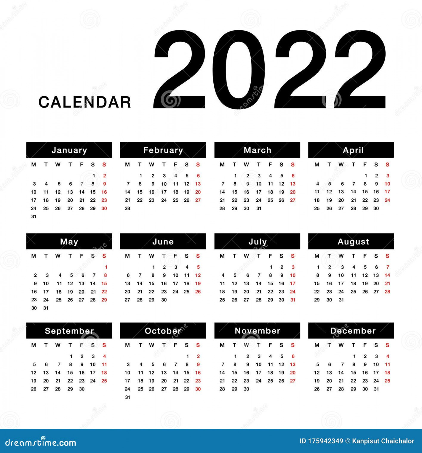 Year  Calendar Horizontal Vector Design Template, Simple and