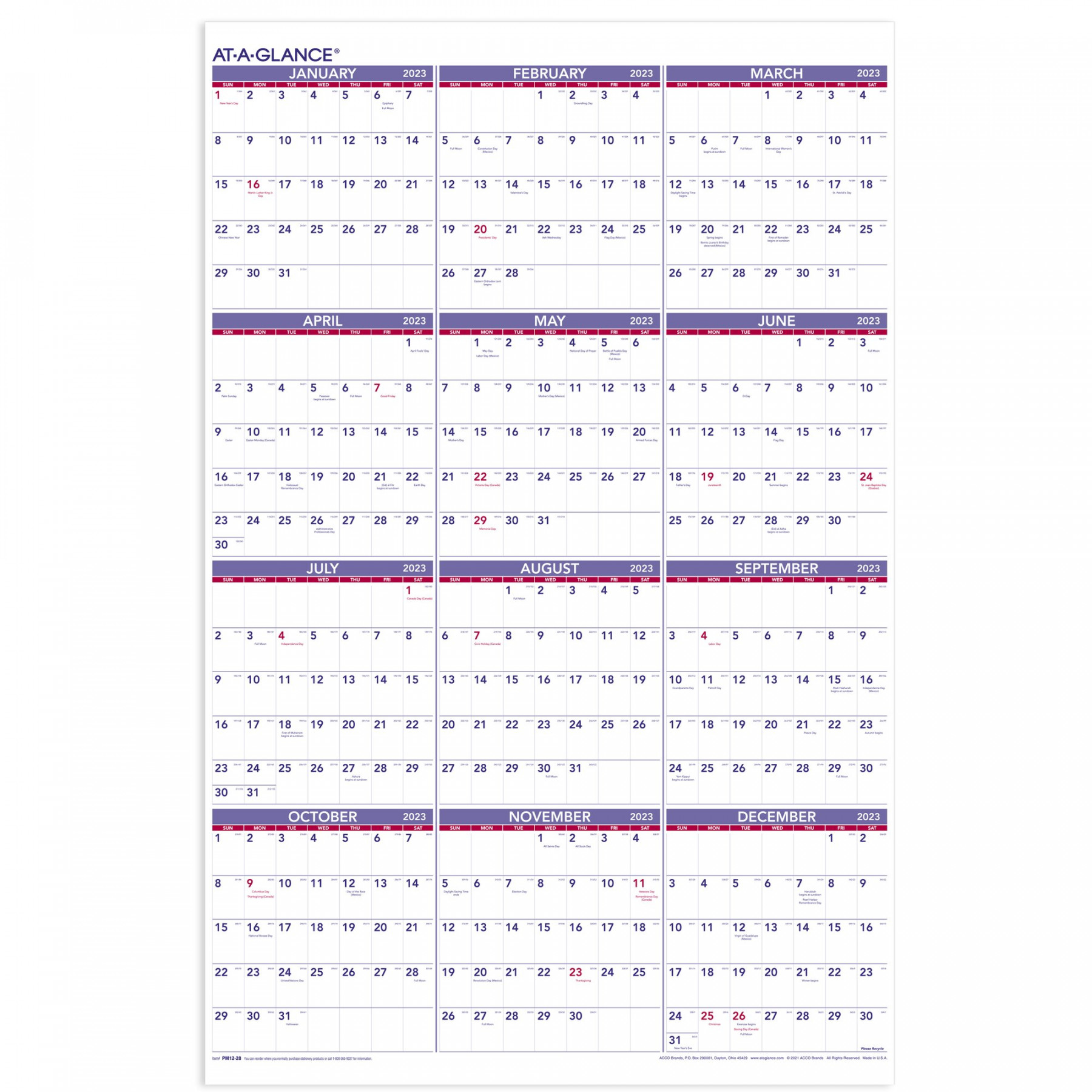 Yearly Wall Calendar,  x , White Sheets, -Month (Jan to Dec
