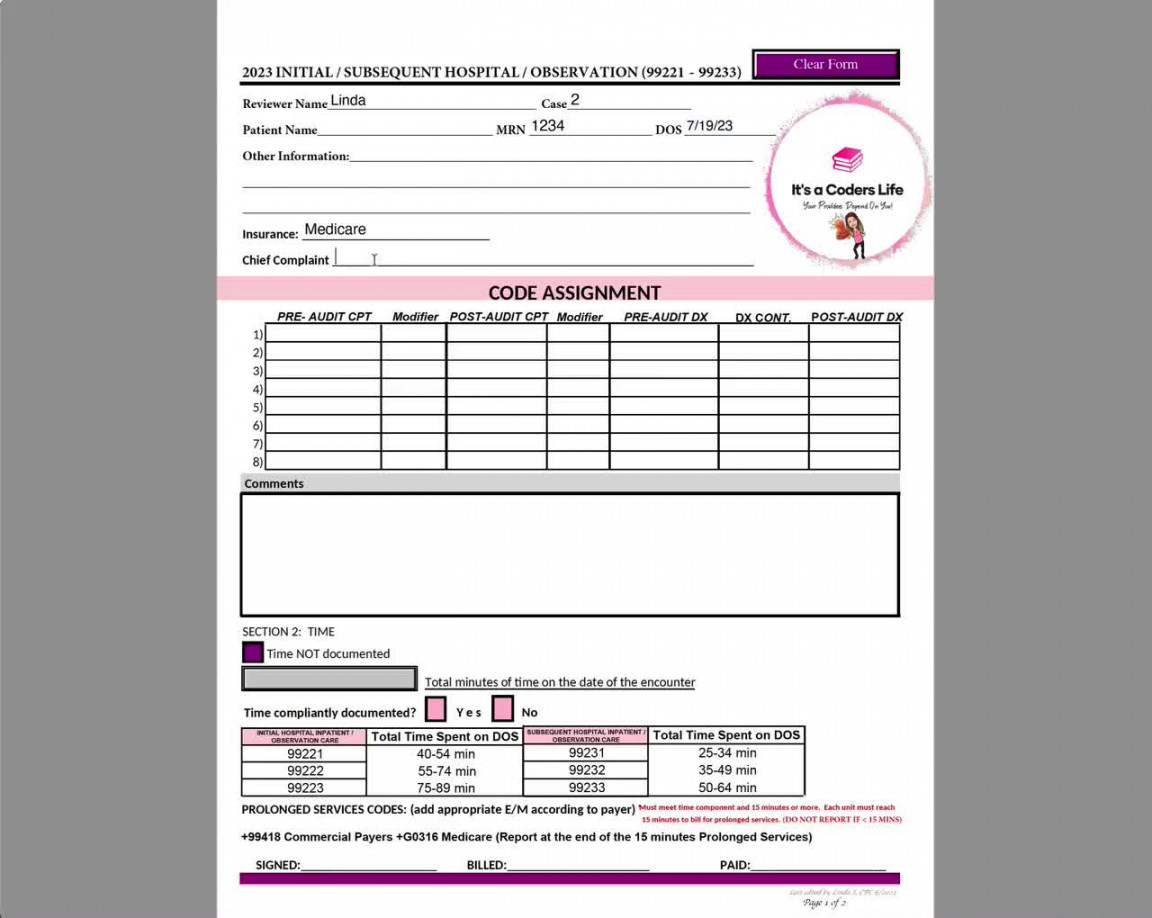 AMA  FILLABLE PDF E/M Initial - Subsequent Hospital or Observation  Worksheet Tool (Template) Printable Digital Copy