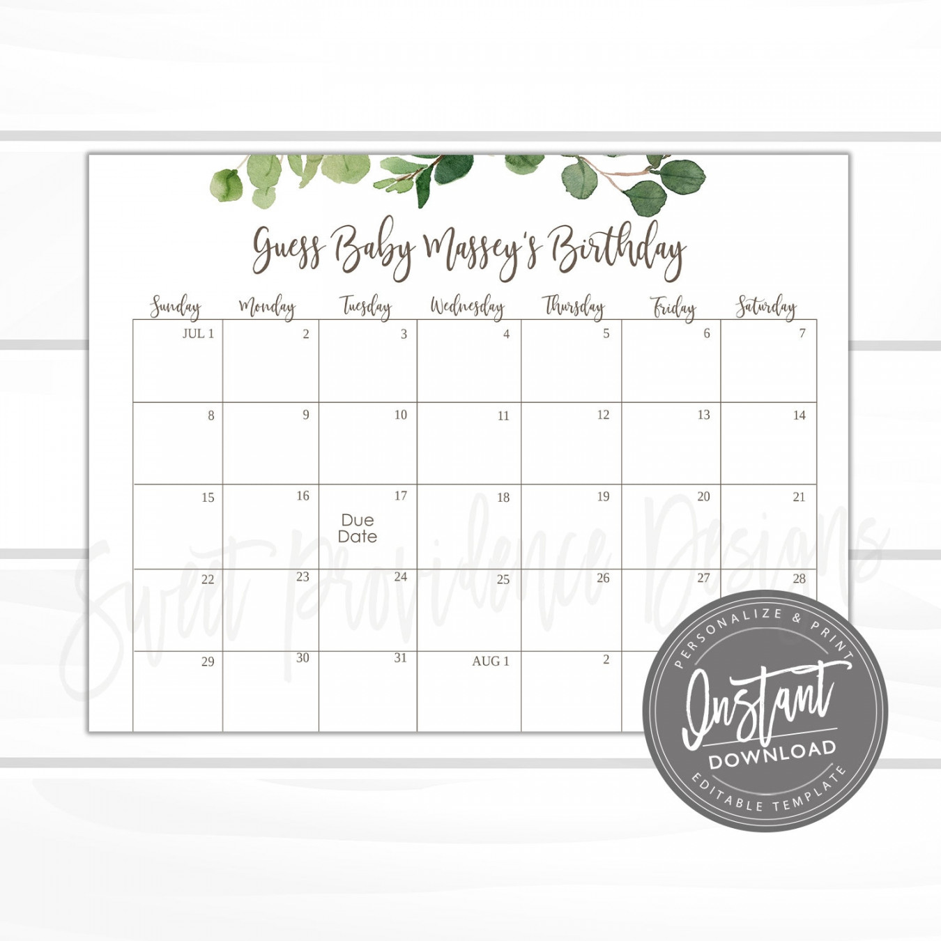 Baby Shower Due Date Calendar Game Printable Greenery Guess - Etsy