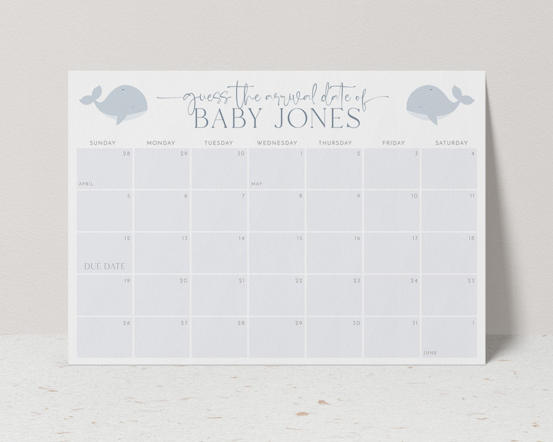 Baby Shower Due Date Calendar Whale Baby Birth Date Sign - Etsy