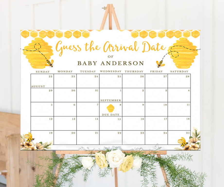 Bee Theme Baby Due Date Calendar, Guess Baby Arrival Date Shower Game,  Editable Template