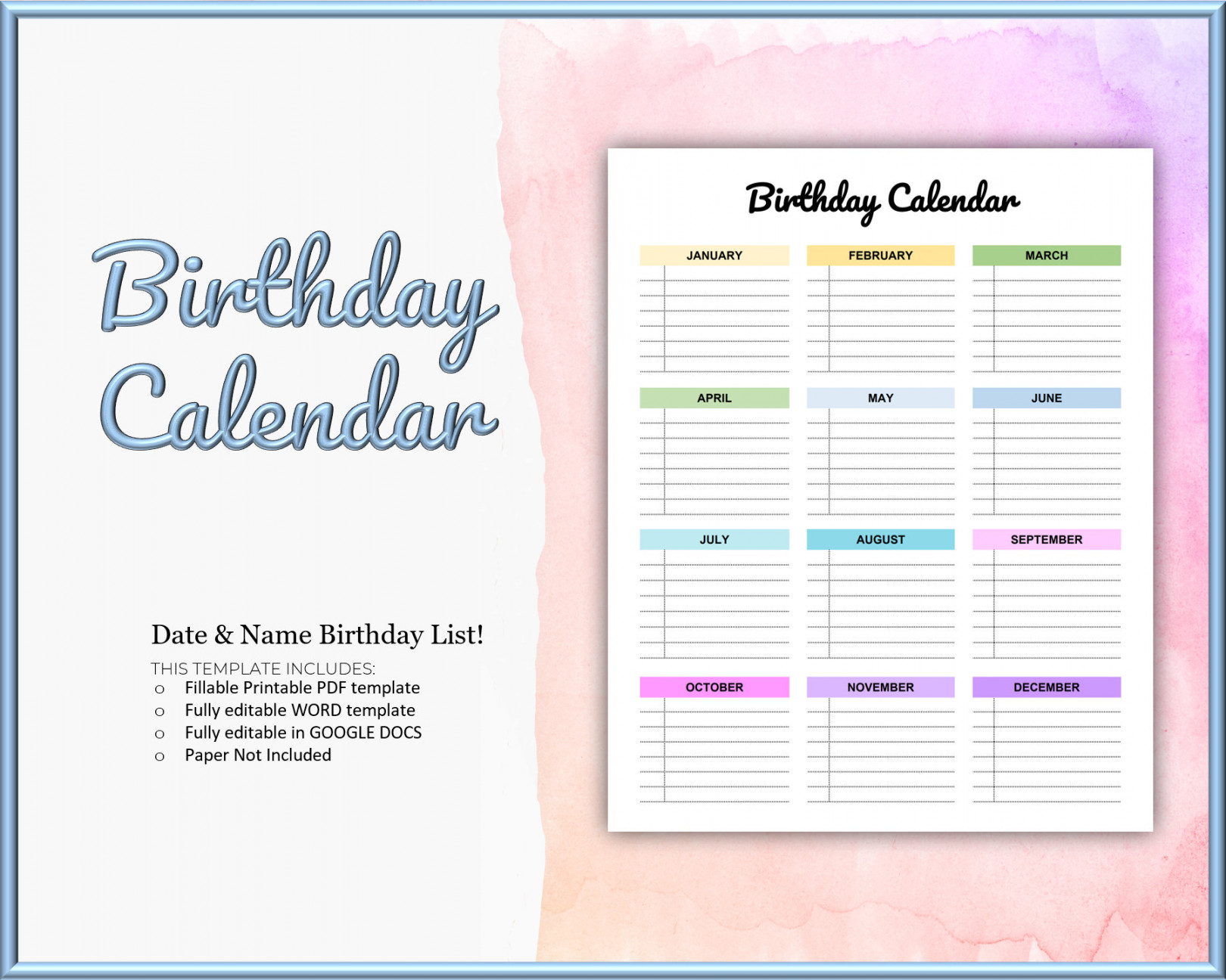 Birthday Calendar Template Birthday Tracker List Editable - Etsy