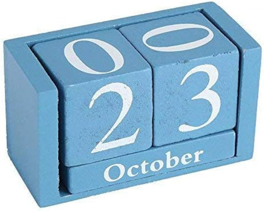 Fdit Vintage Wooden Calendar Desktop Time Concept Rustic Wood Perpetual  Block Month Date Display Home Office Decoration (Blue)