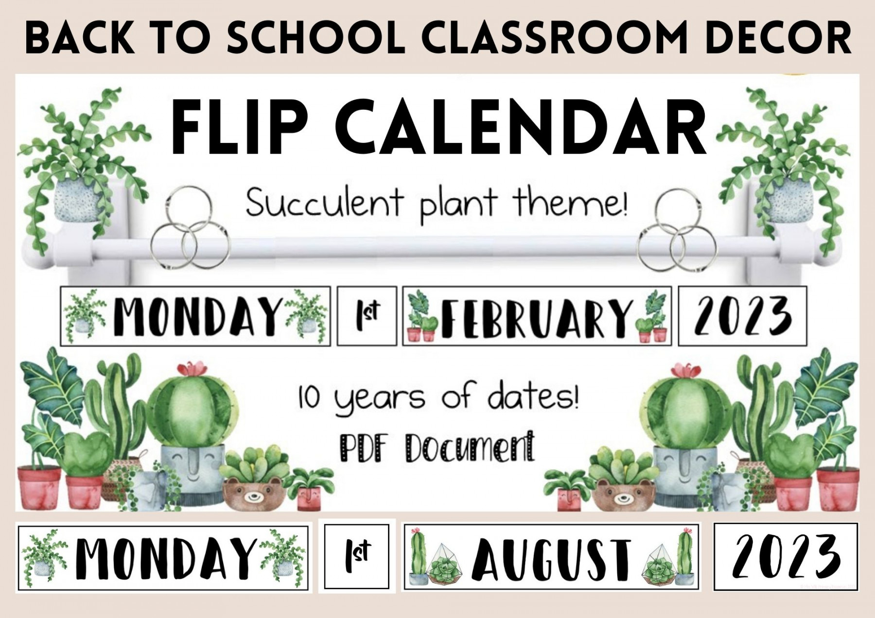 Flip Calendar  Day of the Week  Succulent Classroom Décor