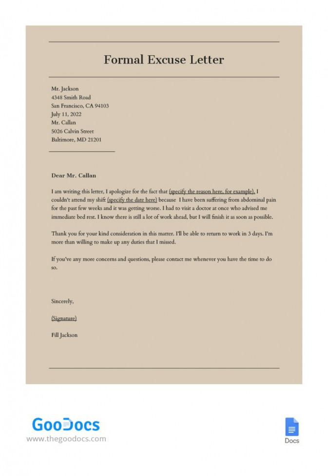 Free Bodily Excuse Letter for Work Template In Google Docs
