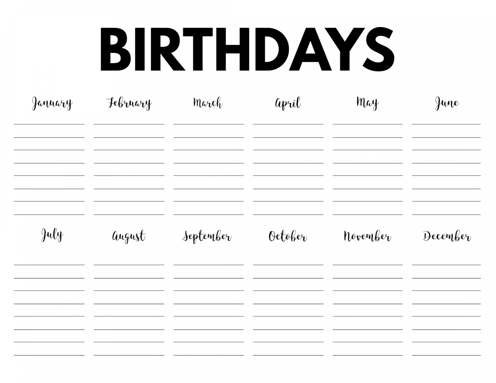 Free Printable Birthday Calendar Template - Paper Trail Design