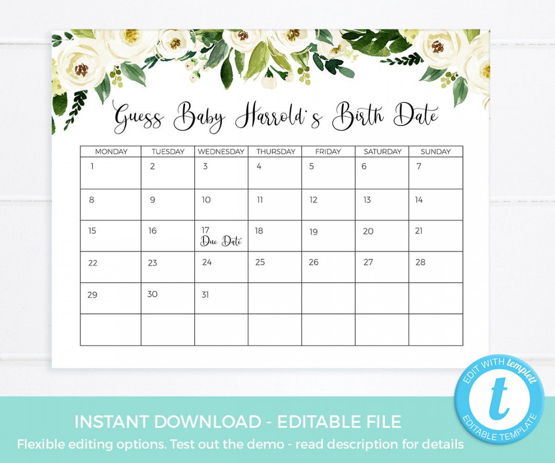 Guess Baby Due Date Calendar EDITABLE Template Guess Baby - Etsy