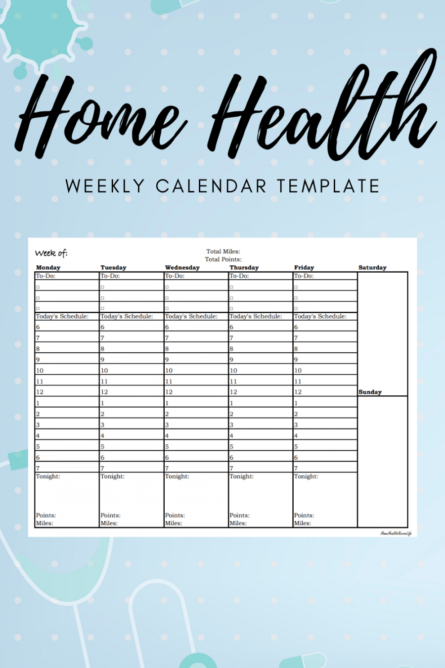 Home Health Nurse Weekly Calendar Template  Home health nurse