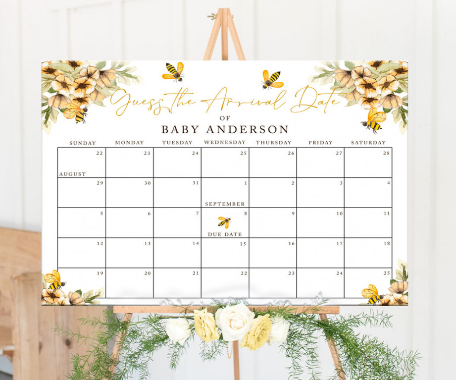 Honey Bee Baby Due Date Calendar, Guess Baby Arrival Date, Baby Birthday  Prediction Game, Editable Template