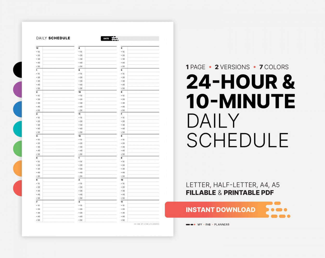 Hour  Minute Daily Schedule Planner Undated Fillable - Etsy
