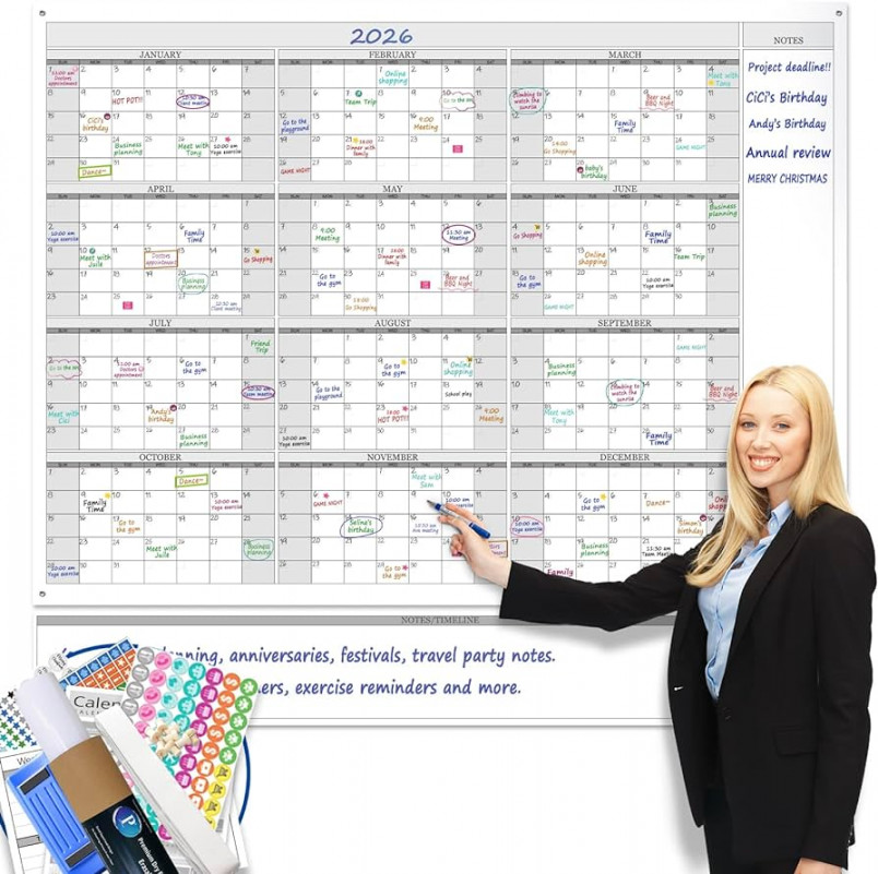 Jumbo Dry Erase Yearly Whiteboard Wall Calendar, " x ", Huge  Month  Laminated Erasable White Board, Giant Annual Family Schedule Planner, Large