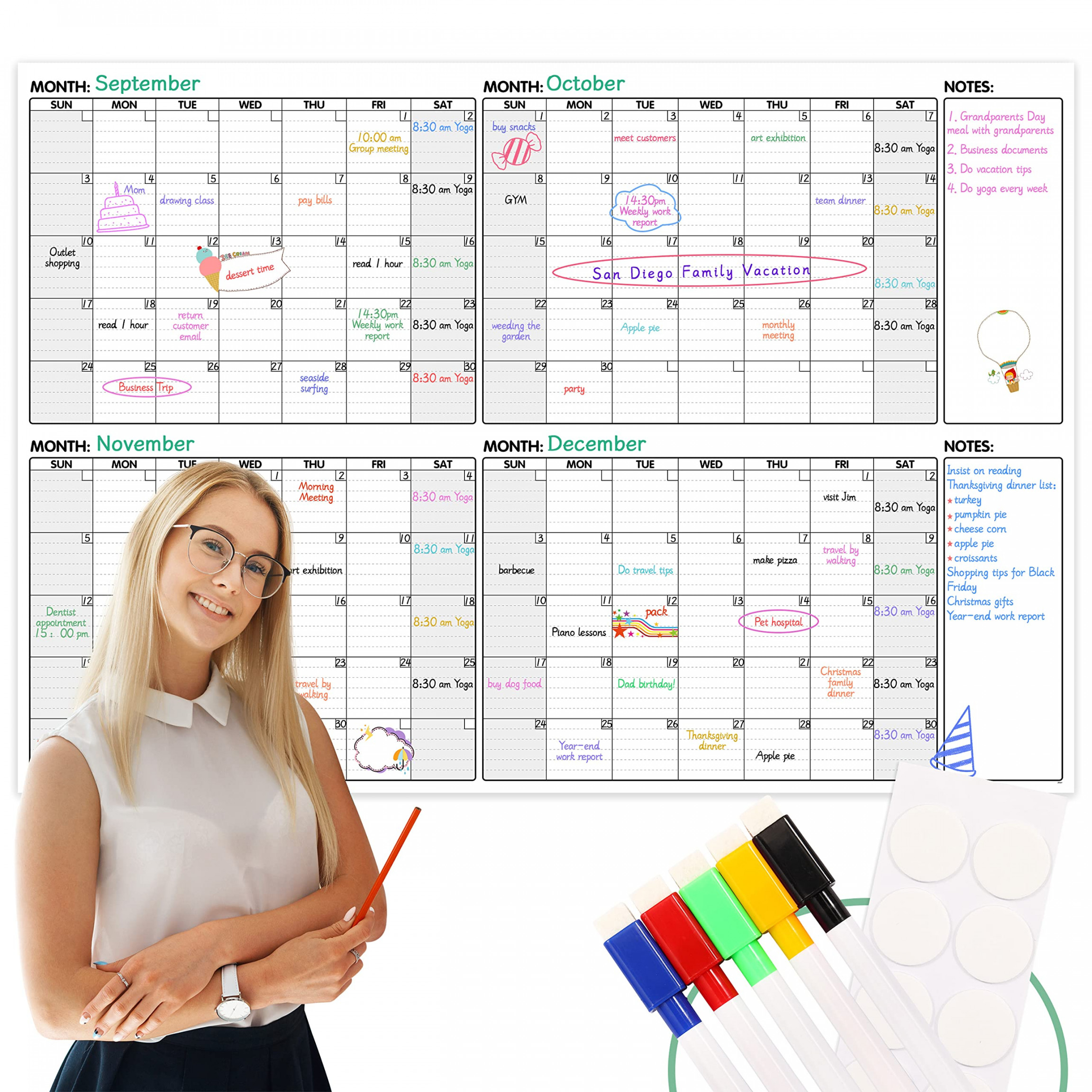 Large Dry Erase Calendar -  Months Dry Erase Calendar for Wall, " x ”  Undated Wall Calendar Dry Erase with Stickers & Makers, Monthly