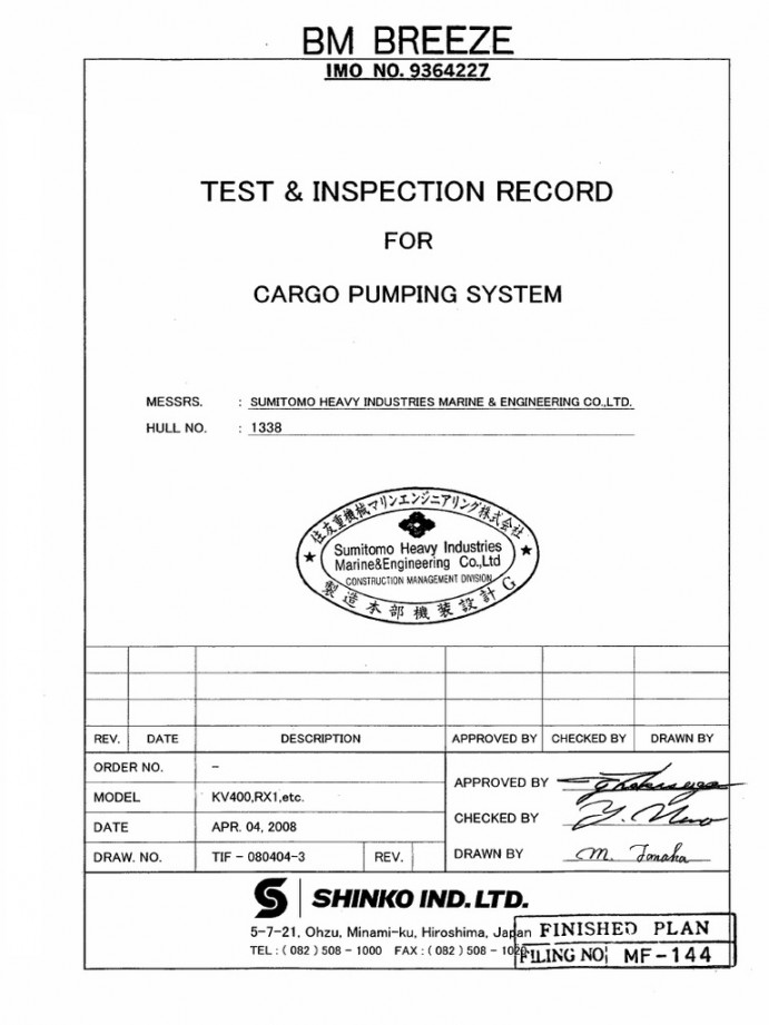 MF- Test & Inspection Record For Cargo Pumping System  PDF