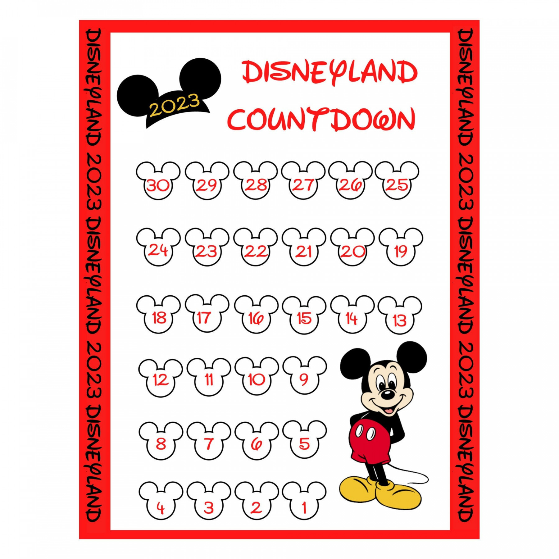 Printable Disneyland Travel Countdown Calendar Instant Digital download