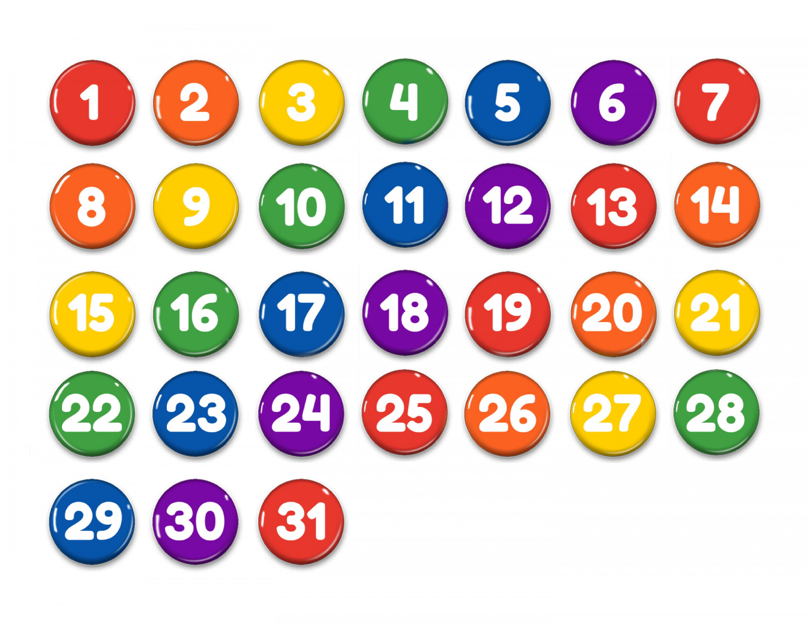 Rainbow Perpetual Calendar numbers -3-magnets-days of the Month