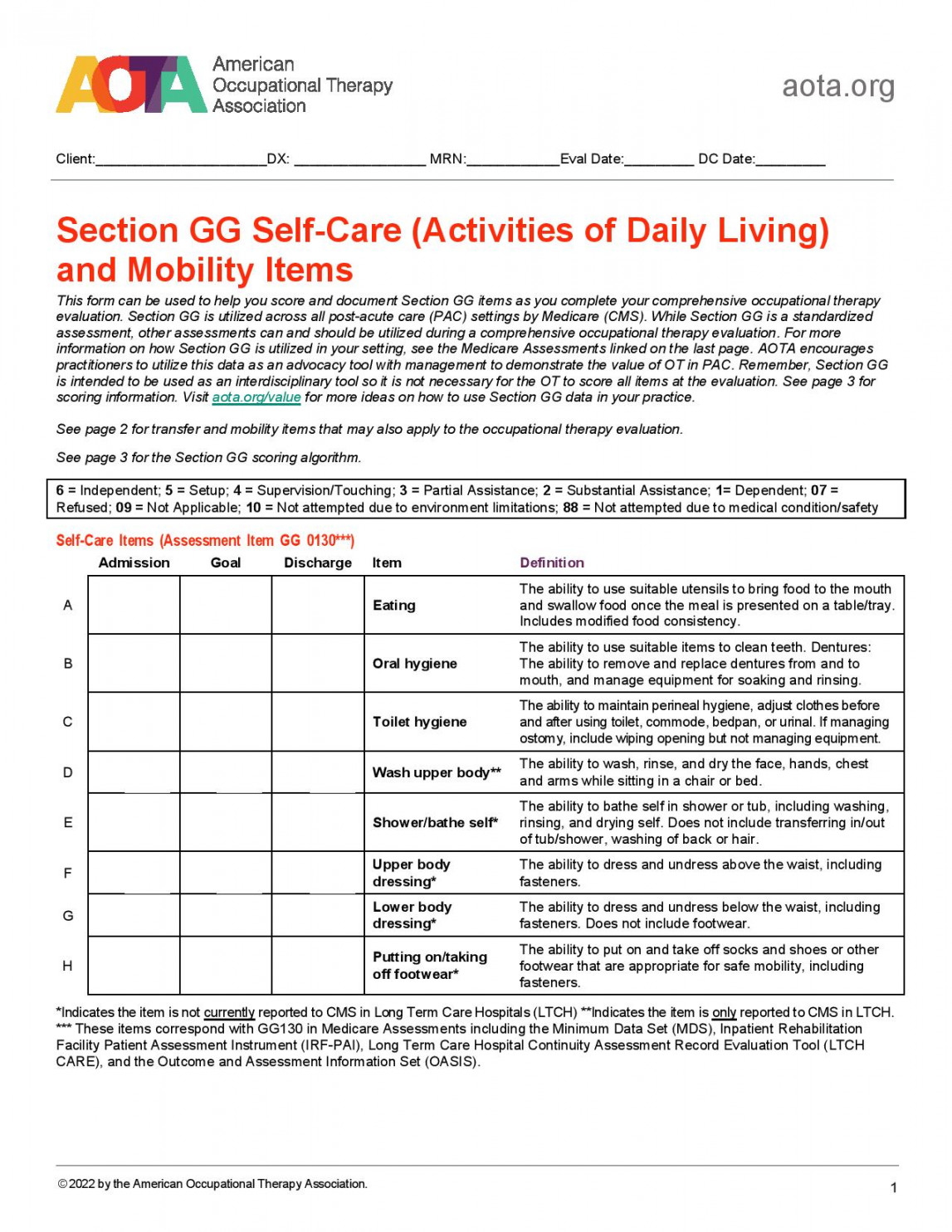 Section GG Self-Care (Activities of Daily Living) and Mobility