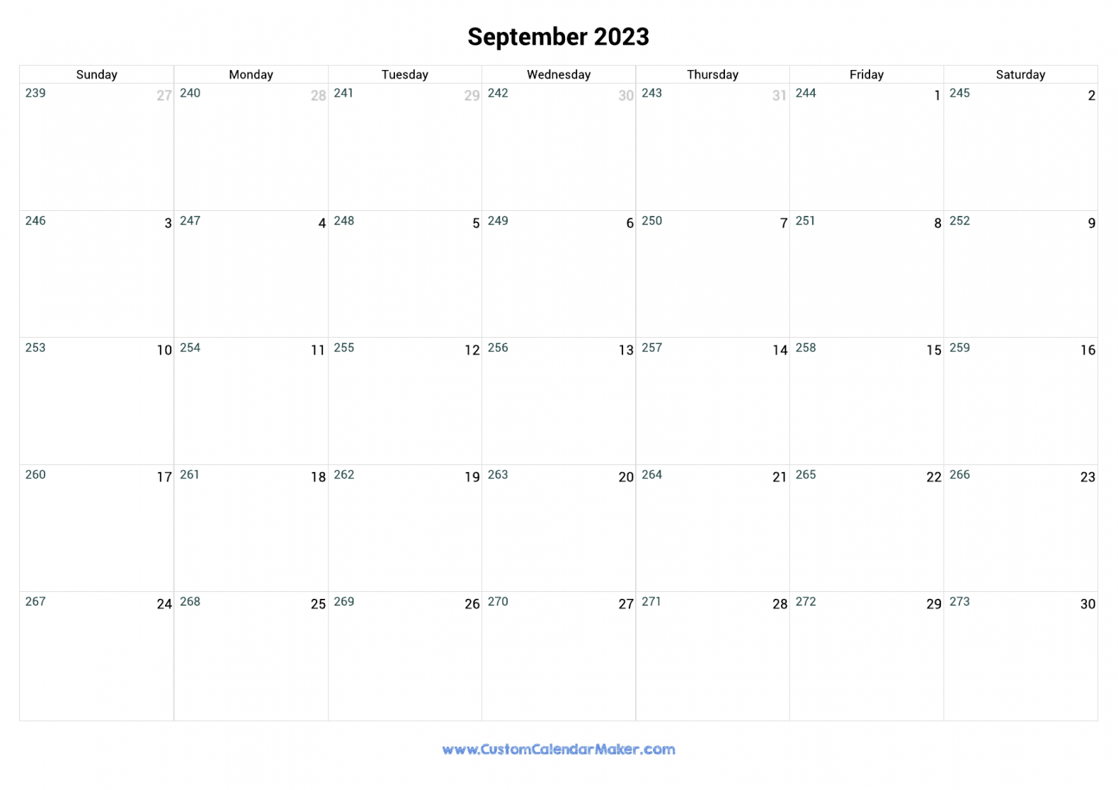 September  Day Number Of The Year Calendar