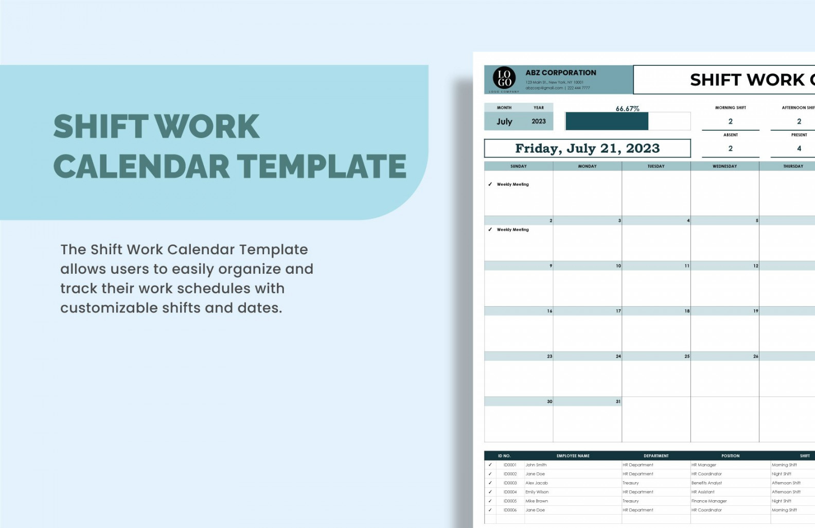 Shift Work Calendar Template - Download in Excel, Google Sheets