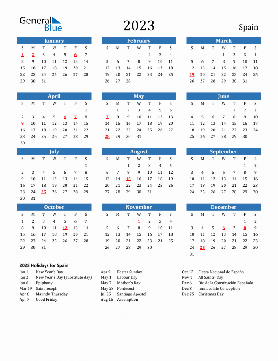 Spain Calendar with Holidays