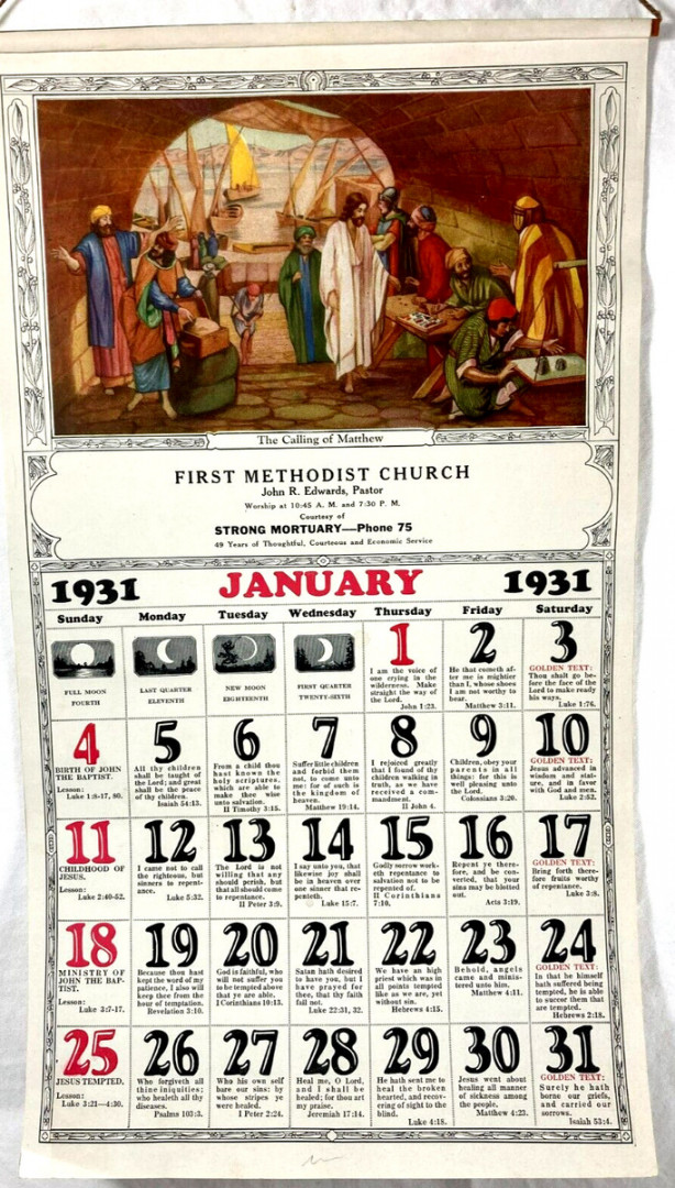 Vintage First Methodist Church Advertisement Calendar Double sided